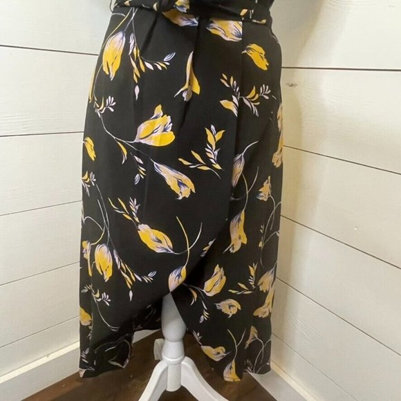 Modcloth Yellow Purple Black Floral Faux Wrap A Line Midi Dress Women's Size XXS - Picture 9 of 11